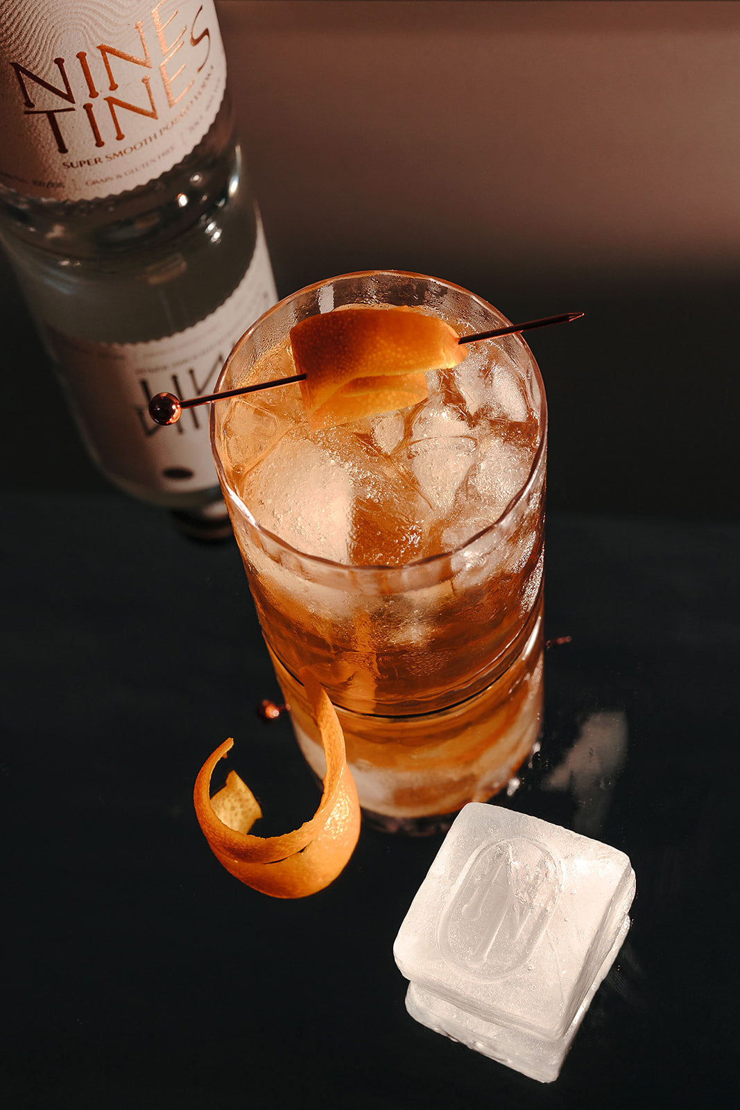 Yorkshire Old Fashioned made with Nine Tines Potato Vodka served over ice with orange twist