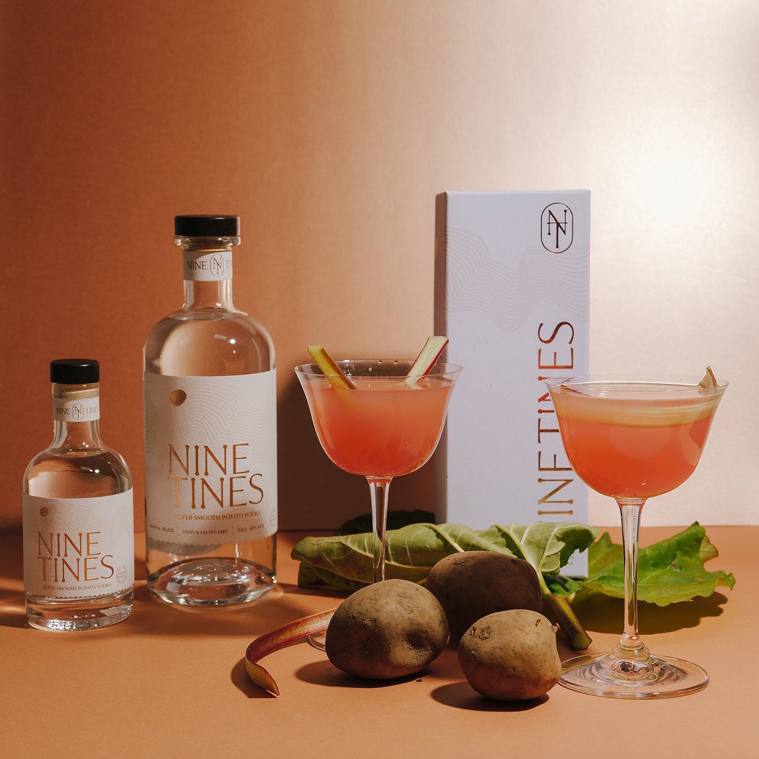 Yorkshire Cosmopolitan made with Nine Tines Potato Vodka and rhubarb served with rhubarb garnish