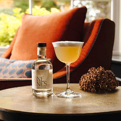 20cl Bottle of Nine Tines and a cocktail on a table with a blurred outdoor background